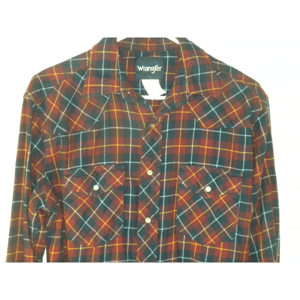 Wrangler Shirt Mens L Red Blue Plaid Pearl Snap Flannel Yoke Raw Hem Western - Picture 3 of 8